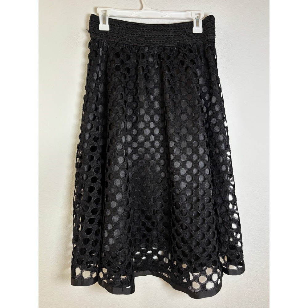 Magic Black Eyelet Lace Midi Skirt XL Smocked Waist A-Line Circle Cutout Overlay